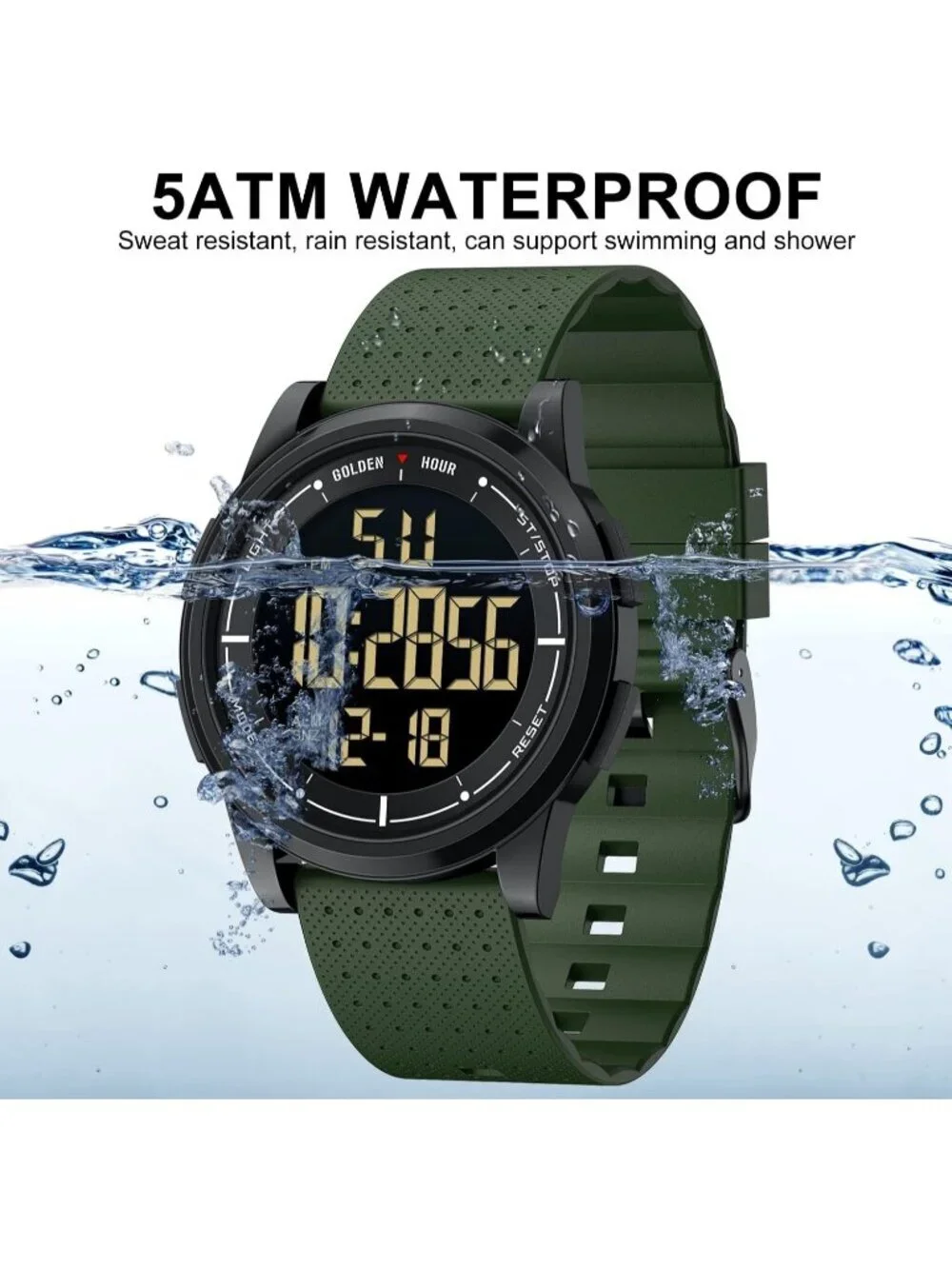 Men's Army Green Rubber Strap Ultra-Thin Minimalist Waterproof Digital Watch